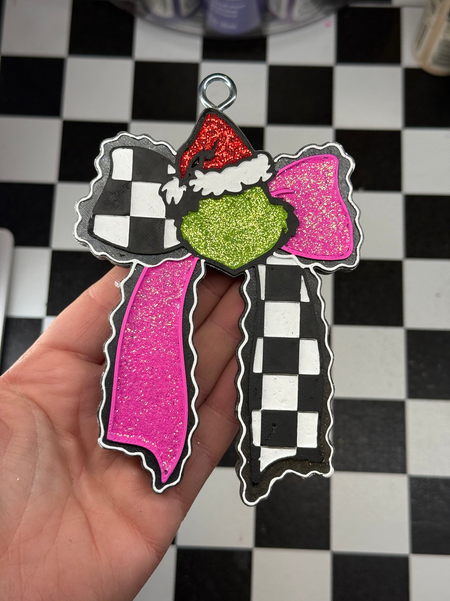 Custom Checkered Grinch Bow