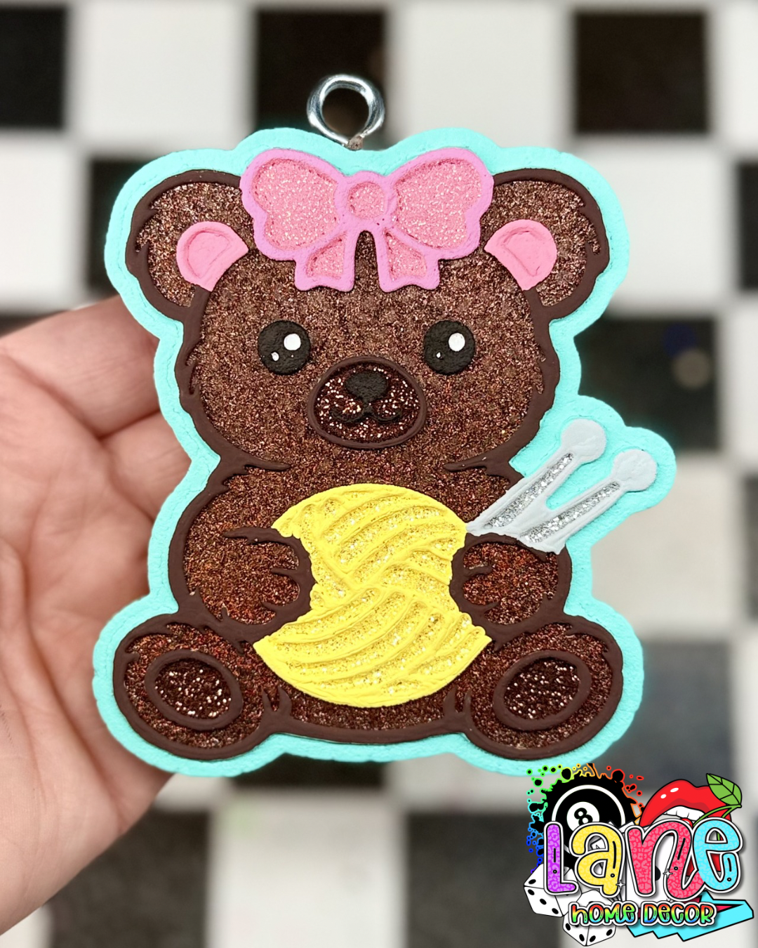 Girl bear w/yarn & bow RTS • mahogany apple